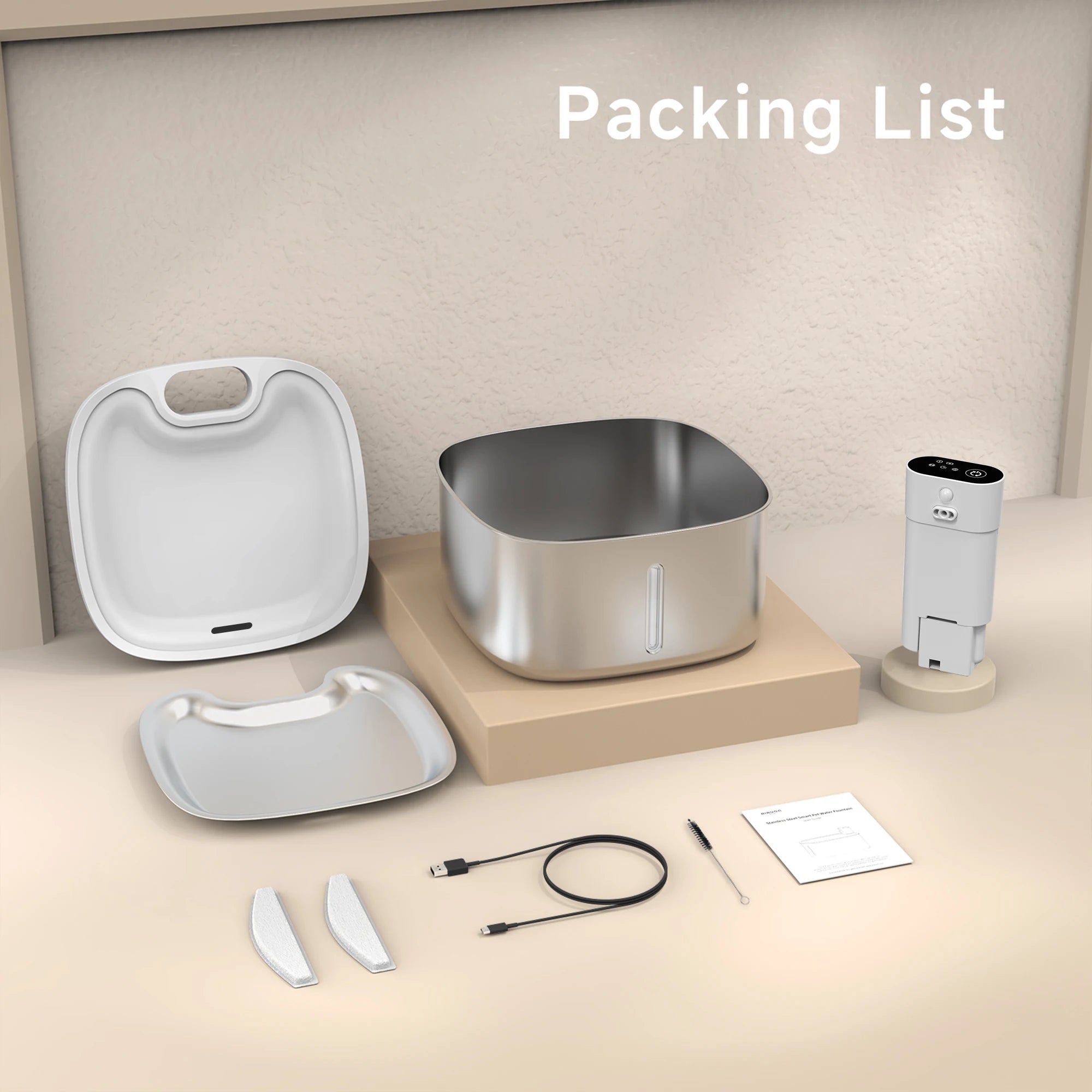 Fontaine à eau pour chat 3,5L Purificateur d'eau inductif sans fil pour animaux de compagnie, pompe silencieuse et plateau en acier inoxydable, batterie rechargeable de 4000mAh