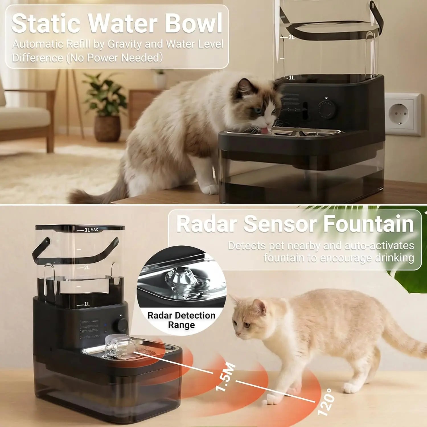 Fontaine à eau pour chat sans filtre 3L Capteur de mouvement sans fil avec batterie 4000 mAh Bols en acier inoxydable Silencieuse Noir