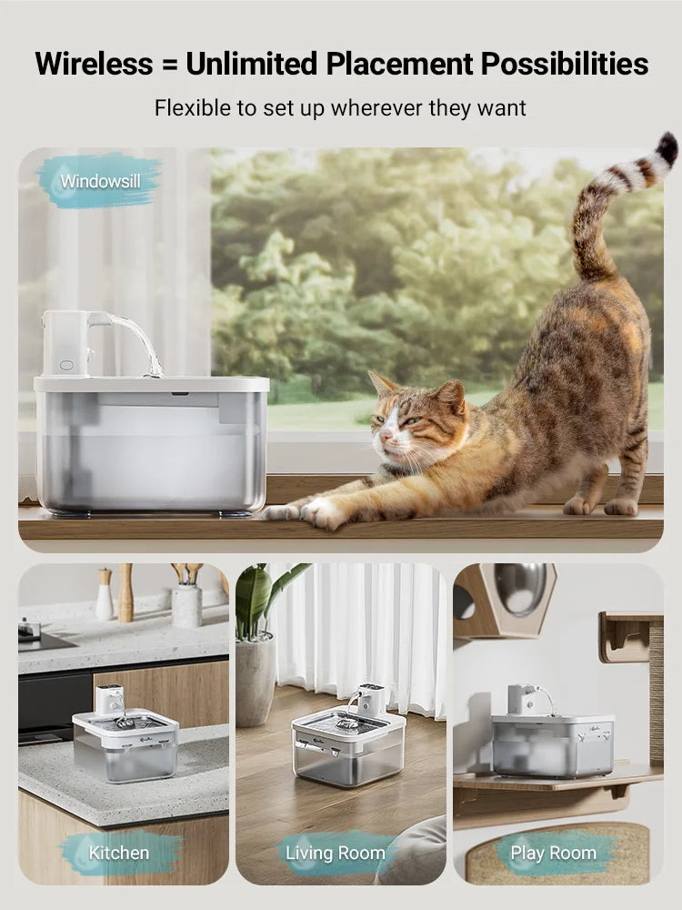 DownyPaws 2,5L Fontaine à Eau Automatique en Acier Inoxydable pour Chat 4000mAh Abreuvoir Sans Fil pour Animaux de Compagnie Batterie et Capteur Distributeur 2 en 1