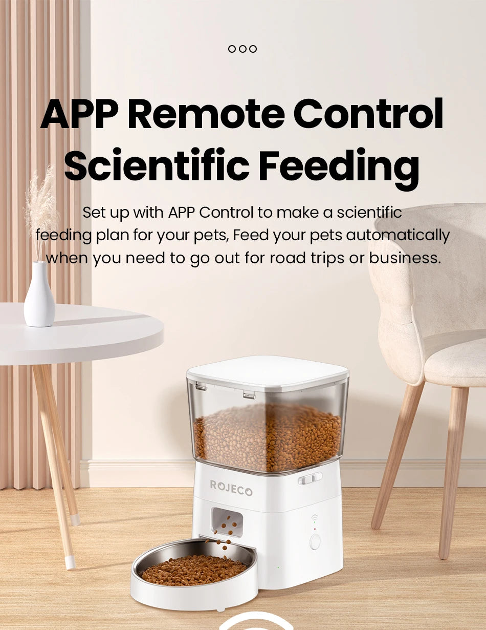 ROJECO Distributeur de nourriture automatique intelligent pour animaux de compagnie Distributeur de croquettes pour chiens avec télécommande WIFI Fournitures pour l'alimentation des chiens