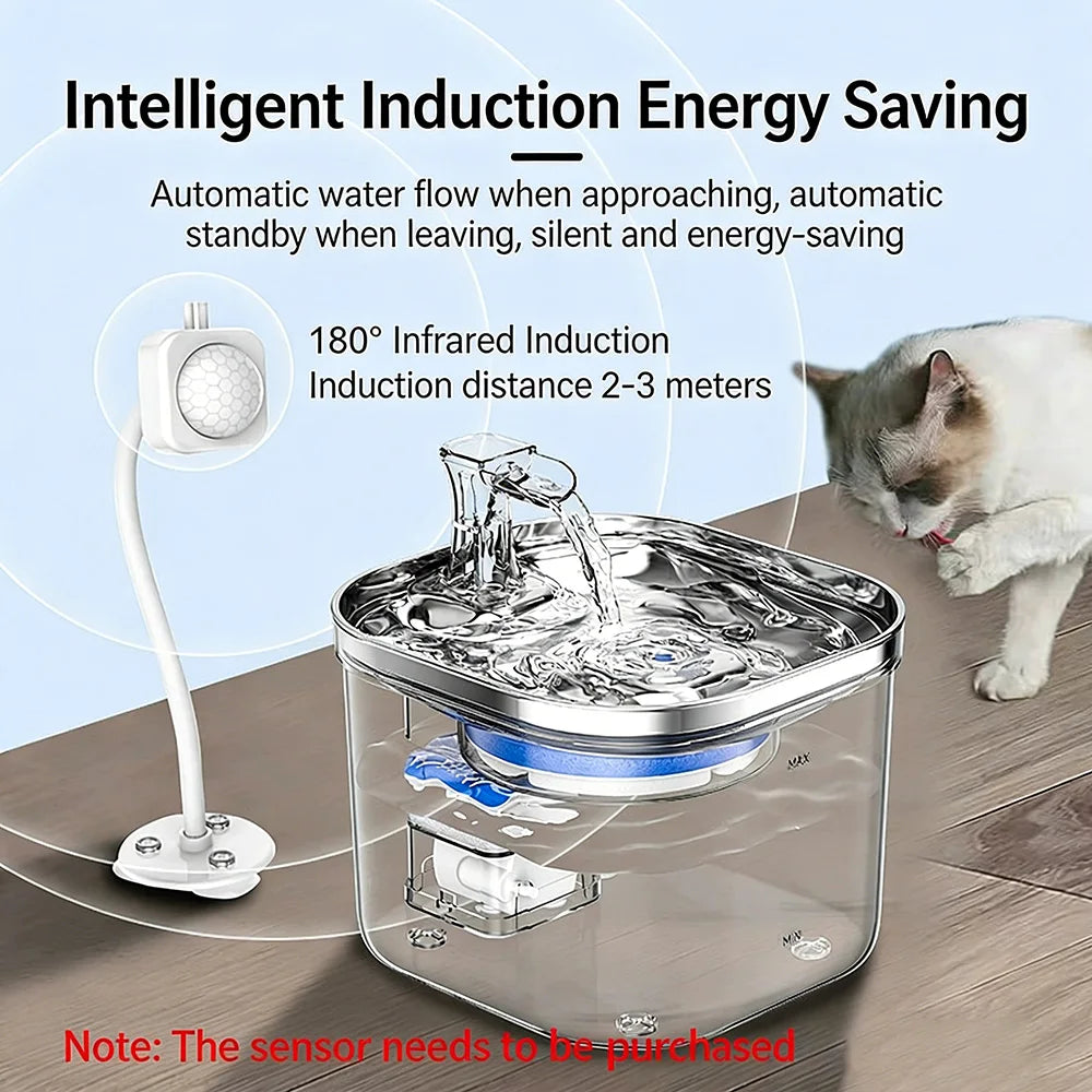 Distributeur d'eau intelligent pour animaux de compagnie en acier inoxydable 2L, circulation automatique de l'eau, bol d'eau pour chats et chiens, niveau visuel 5000 mAh