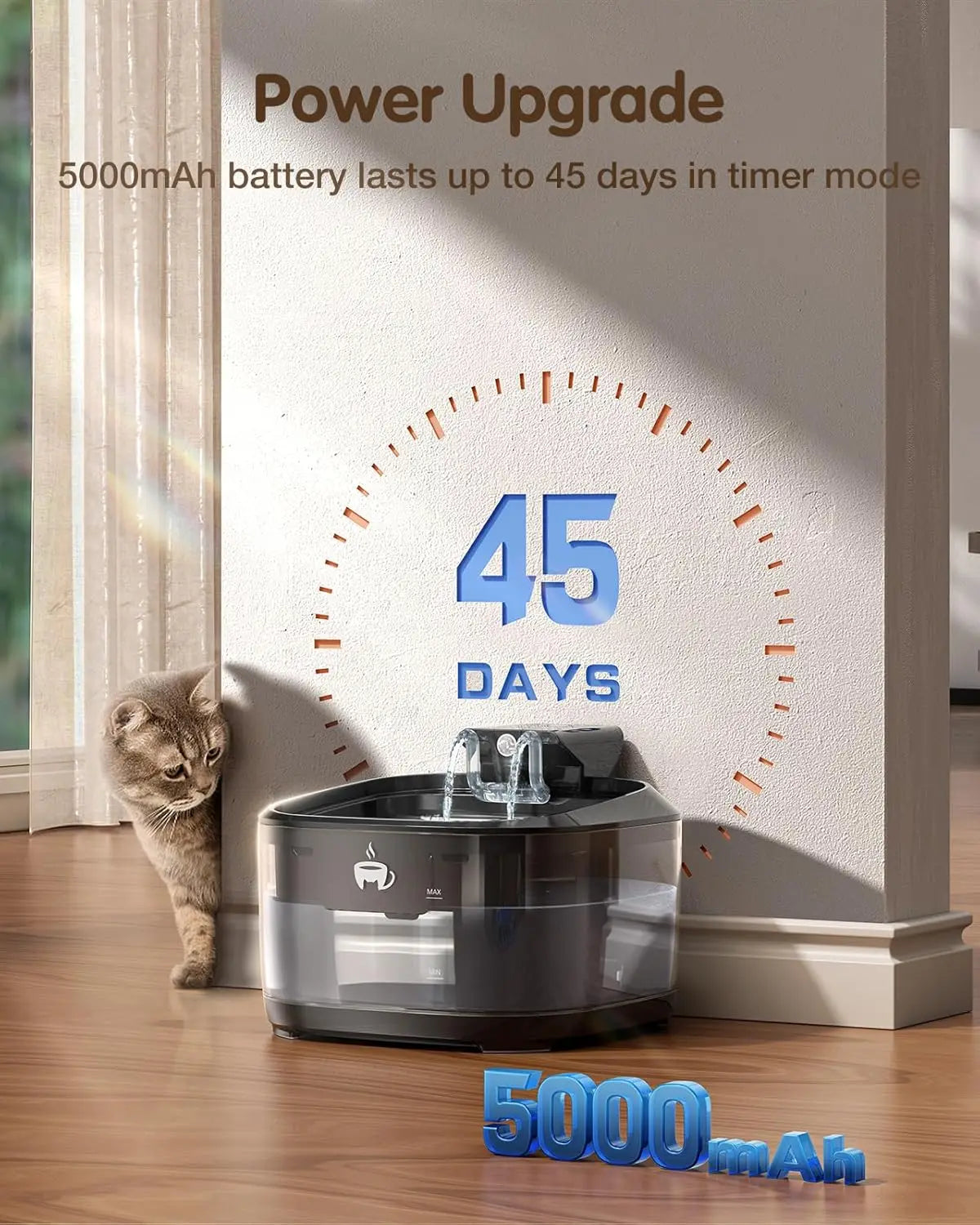 Fontaine à eau sans fil pour chat 3,2 L/108 oz, Fontaine à boire pour animaux de compagnie avec batterie rechargeable 5000 mAh, 3 modes, capteur de mouvement