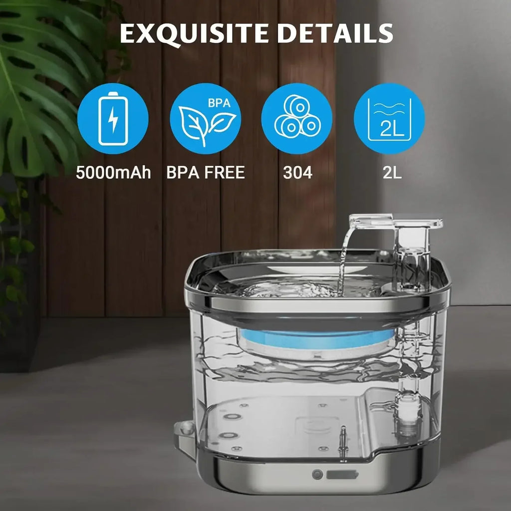 Distributeur d'eau intelligent pour animaux de compagnie en acier inoxydable 2L, circulation automatique de l'eau, bol d'eau pour chats et chiens, niveau visuel 5000 mAh