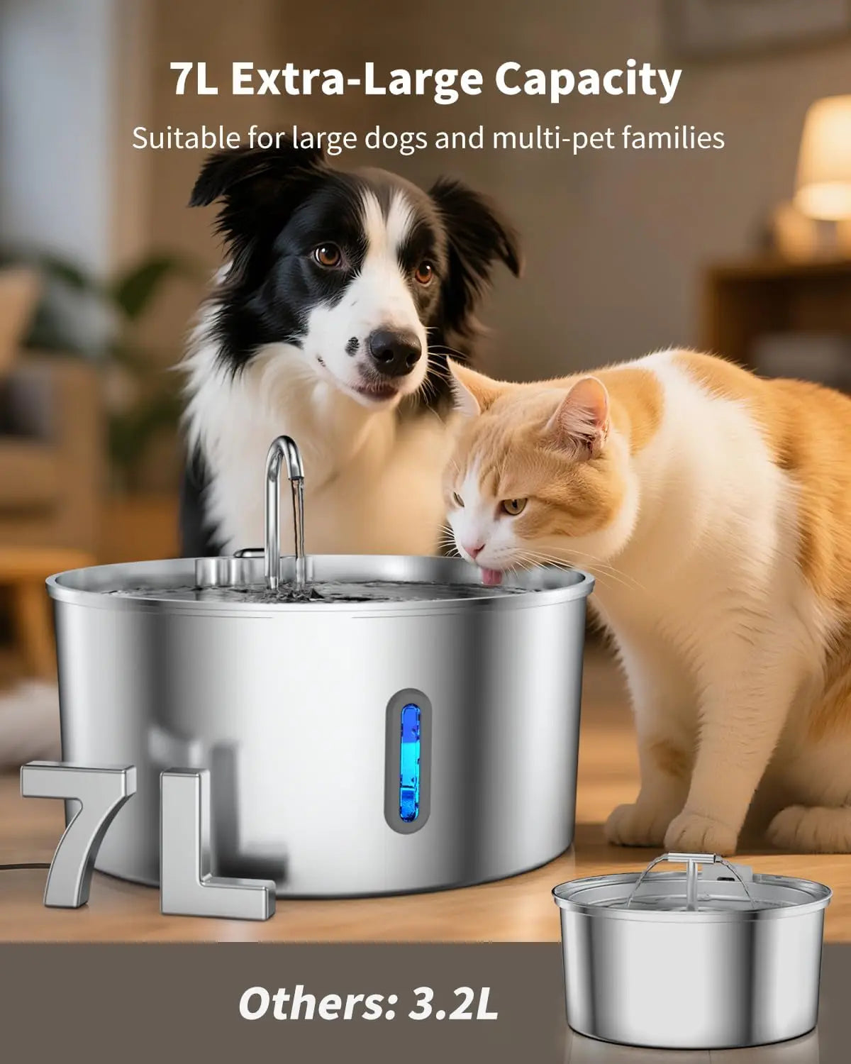 Fontaine à eau pour chien en acier inoxydable de 7 L pour grands chiens, distributeur automatique avec pompe silencieuse