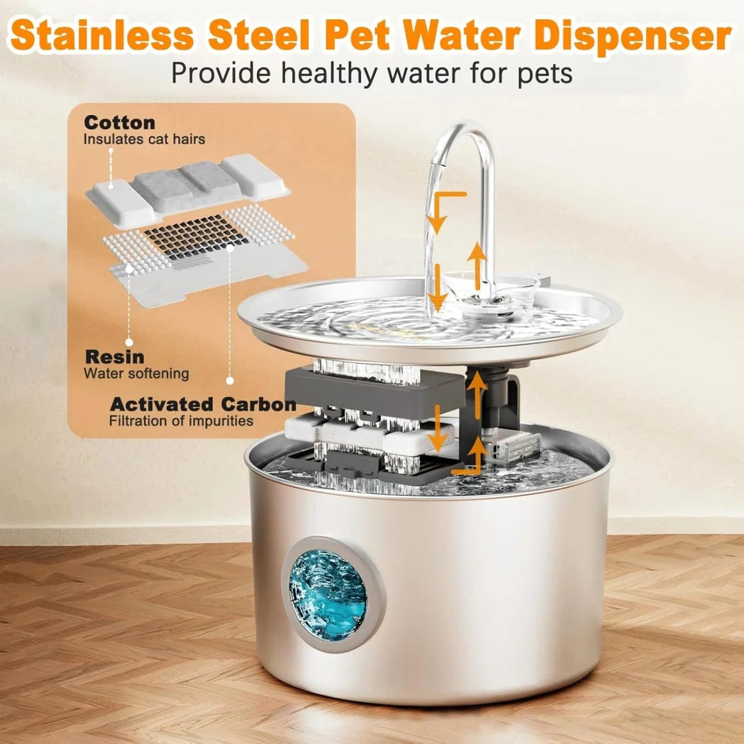 Fontaine à eau pour chat 3.2L en acier inoxydable Distributeur d'eau automatique pour animaux de compagnie avec filtre Pompe silencieuse pour chiens et chats Usage intérieur