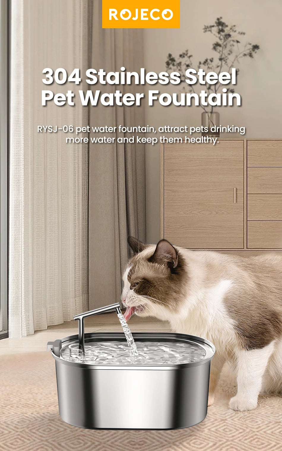 ROJECO Fontaine à Eau pour Chat en Acier Inoxydable Distributeur Automatique d'Eau pour Chats Chiens Accessoires pour Distributeur d'Eau pour Animaux de Compagnie