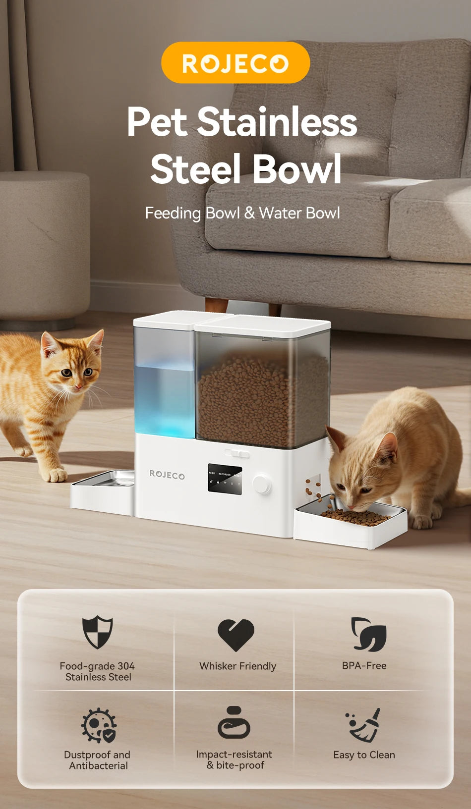 ROJECO Accessoires Bol d'alimentation et Bol d'eau en acier inoxydable pour distributeur automatique de nourriture 8.5L avec distributeur d'eau Accessoires pour animaux de compagnie