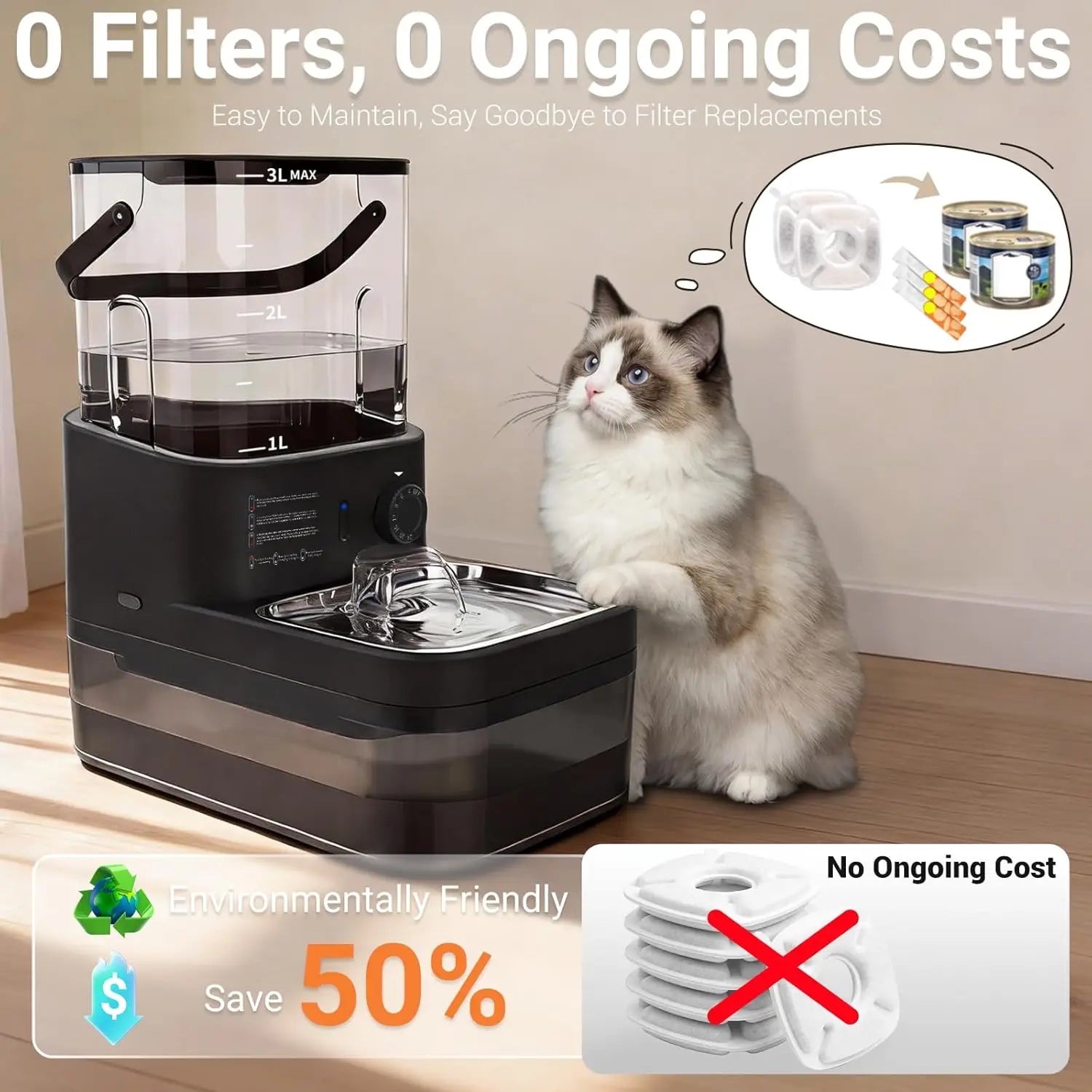 Fontaine à eau pour chat sans filtre 3L Capteur de mouvement sans fil avec batterie 4000 mAh Bols en acier inoxydable Silencieuse Noir