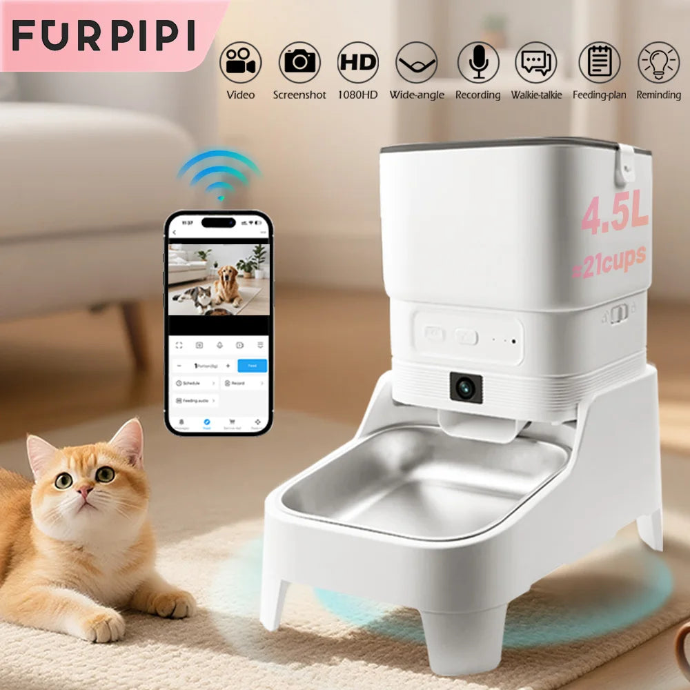 Distributeur intelligent de nourriture pour animaux de compagnie avec caméra surélevée de 15 cm, contrôle via l'application Tuya, pour propriétaires d'animaux occupés, distributeur automatique de nourriture pour chats et chiens FURPIPI