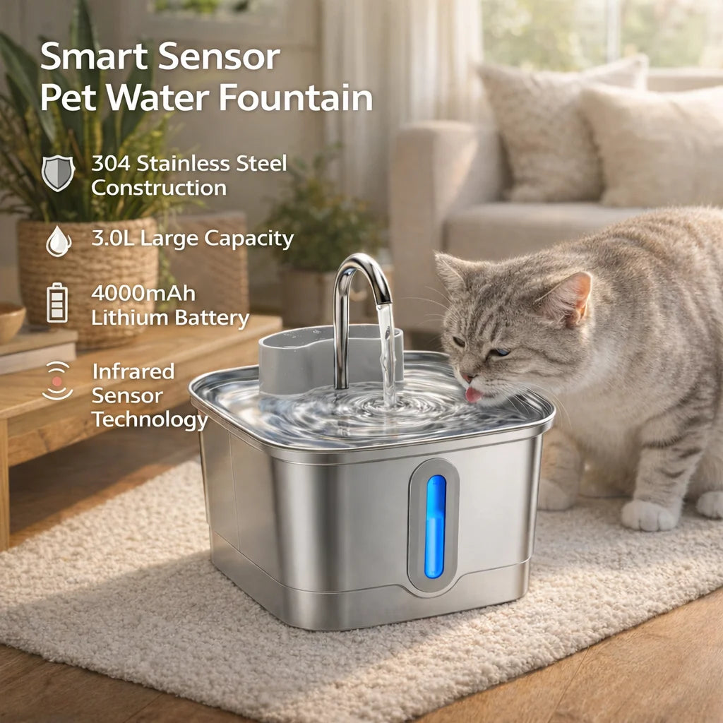 Fontaine à eau intelligente sans fil pour chat Batterie rechargeable 4000 mAh Capteur en acier inoxydable Distributeur d'eau automatique pour animaux de compagnie avec filtre