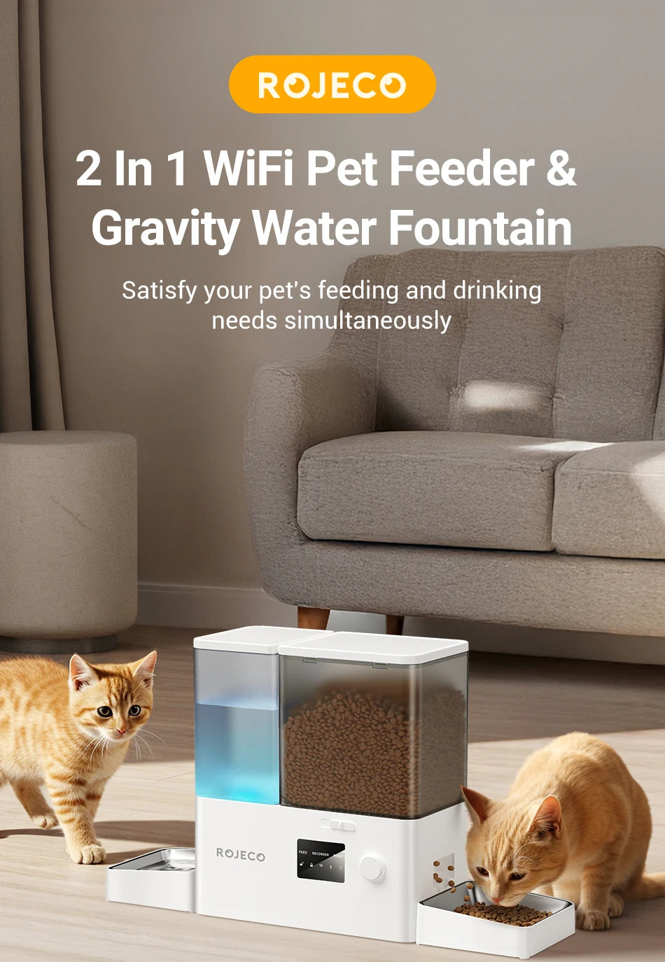 ROJECO 8.5L Distributeur Automatique pour Animaux de Compagnie avec Fontaine à Eau Contrôle à Distance par Application WIFI Intelligent pour Chiens Distributeur de Nourriture 5L Abreuvoir à Gravité 3.5L