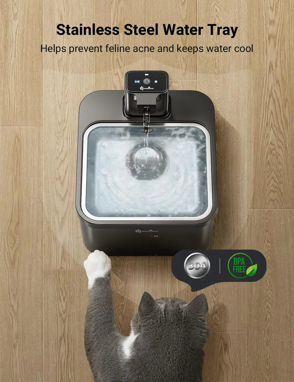 DownyPaws 2,5L Fontaine à Eau Automatique en Acier Inoxydable pour Chat 4000mAh Abreuvoir Sans Fil pour Animaux de Compagnie Batterie et Capteur Distributeur 2 en 1