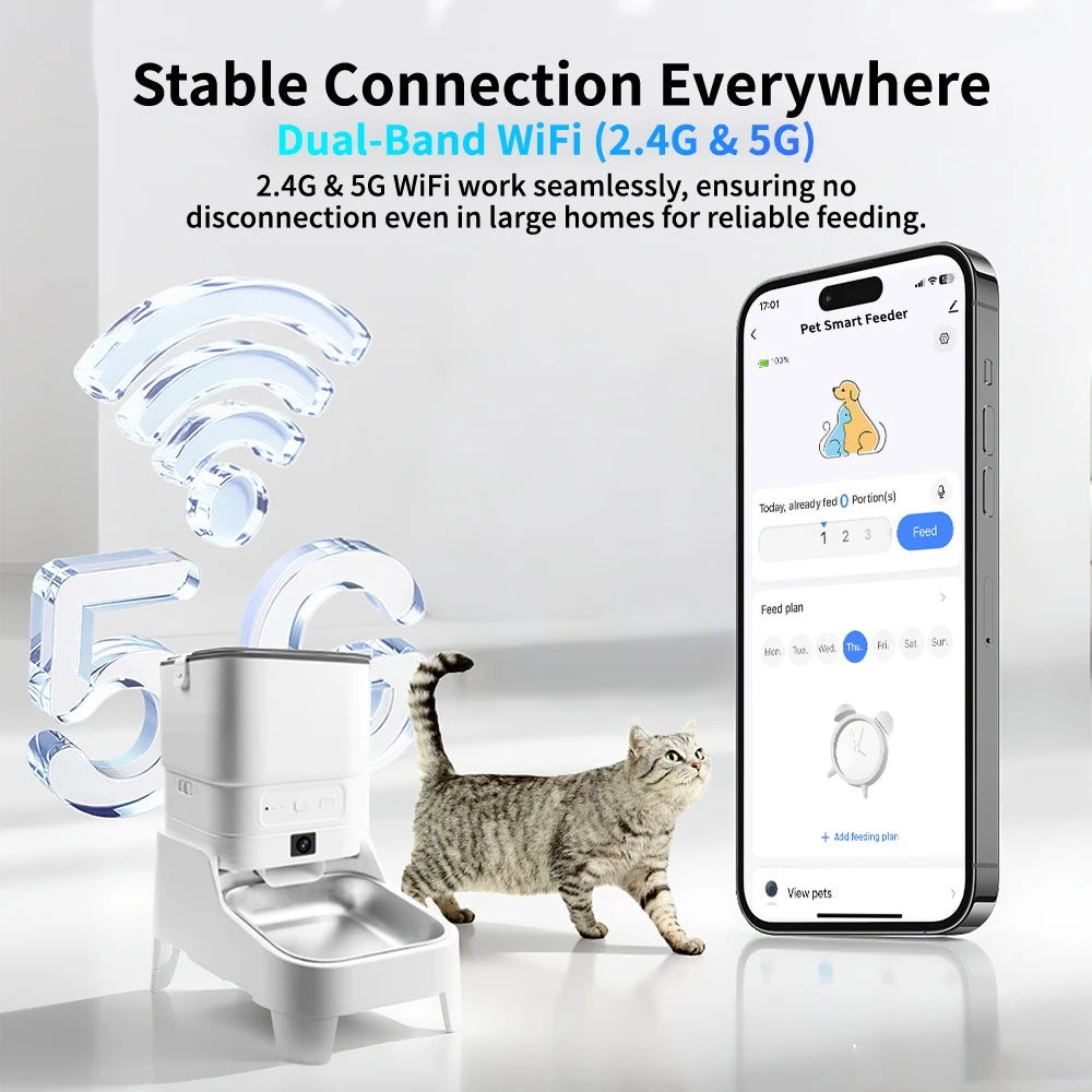 Distributeur intelligent de nourriture pour animaux de compagnie avec caméra surélevée de 15 cm, contrôle via l'application Tuya, pour propriétaires d'animaux occupés, distributeur automatique de nourriture pour chats et chiens FURPIPI