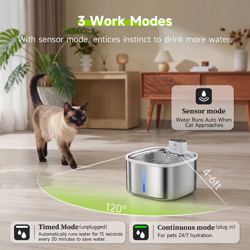 Fontaine à eau pour chat 3,5L Purificateur d'eau inductif sans fil pour animaux de compagnie, pompe silencieuse et plateau en acier inoxydable, batterie rechargeable de 4000mAh