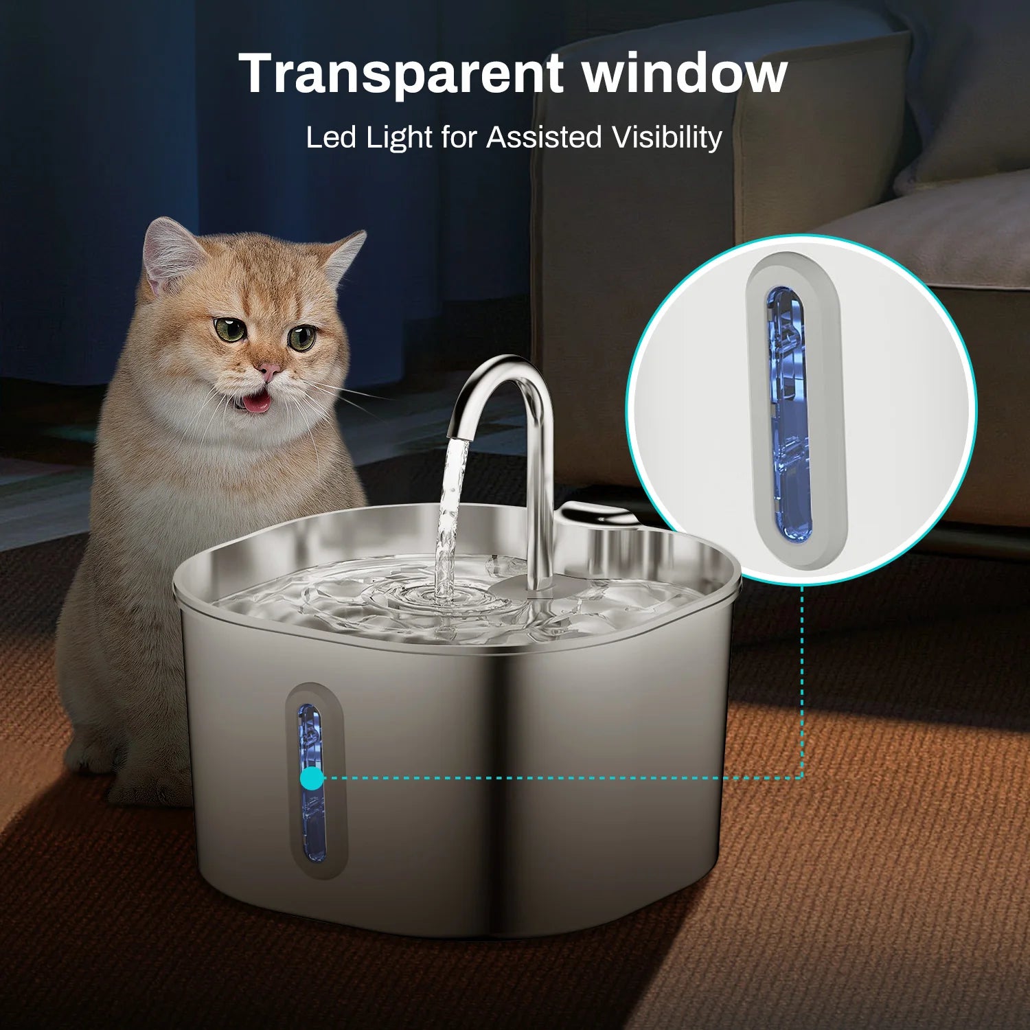 ZYFeeder 2,2 L Fontaine à eau automatique carrée en acier inoxydable pour chat, distributeur d'eau pour animaux de compagnie avec fenêtre (fiche 5 V 1 A non incluse)