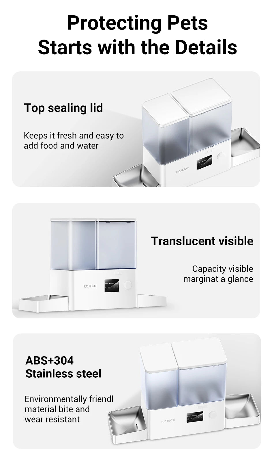 ROJECO 8.5L Distributeur Automatique pour Animaux de Compagnie avec Fontaine à Eau Contrôle à Distance par Application WIFI Intelligent pour Chiens Distributeur de Nourriture 5L Abreuvoir à Gravité 3.5L