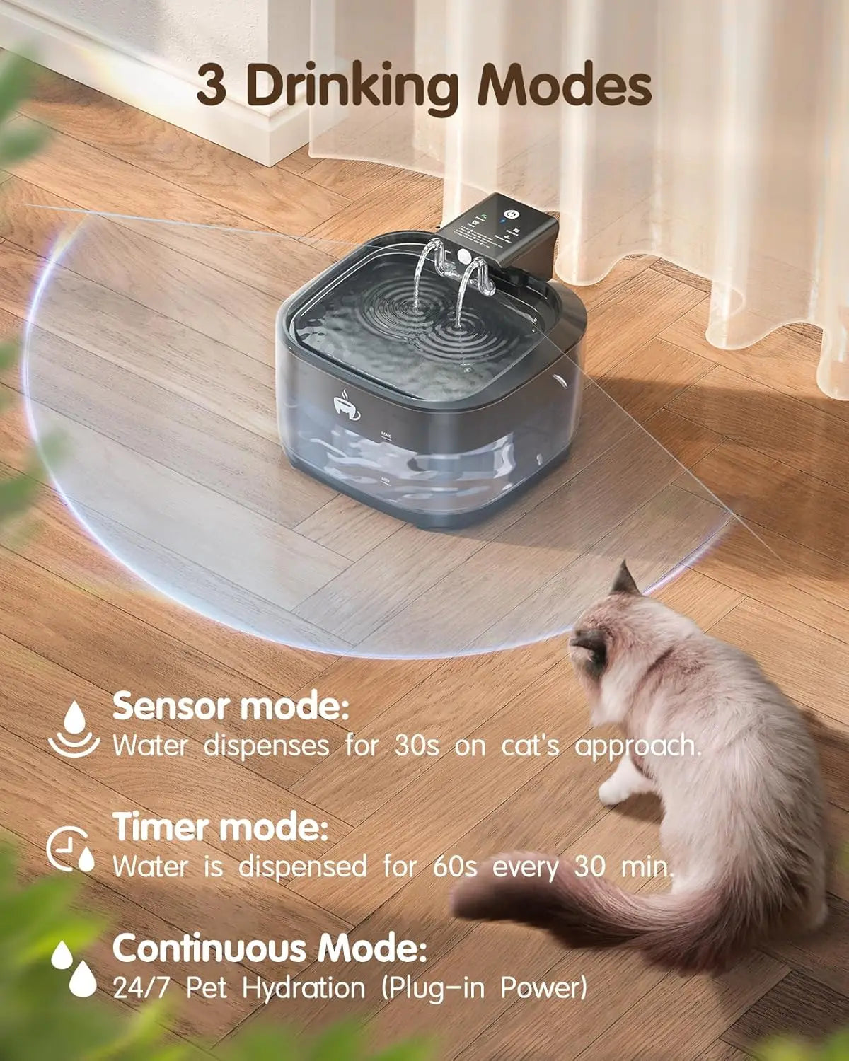 Fontaine à eau sans fil pour chat 3,2 L/108 oz, Fontaine à boire pour animaux de compagnie avec batterie rechargeable 5000 mAh, 3 modes, capteur de mouvement