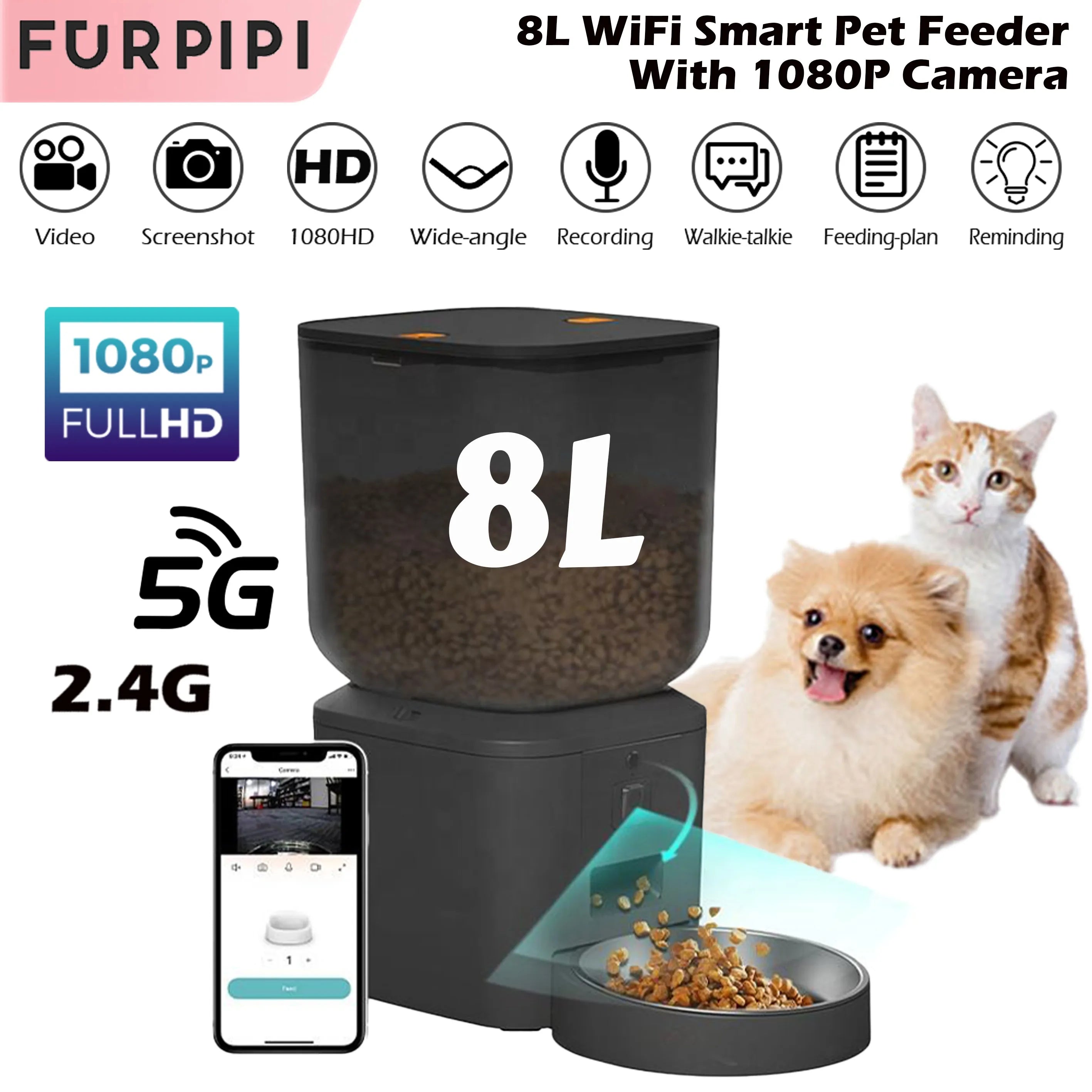 Distributeur automatique de nourriture pour chats 8L avec caméra vidéo 1080p, Wi-Fi 5G, distributeur d'aliments pour chats, enregistreur vocal intelligent pour animaux de compagnie, application Tuya, distributeur automatique pour animaux de compagnie