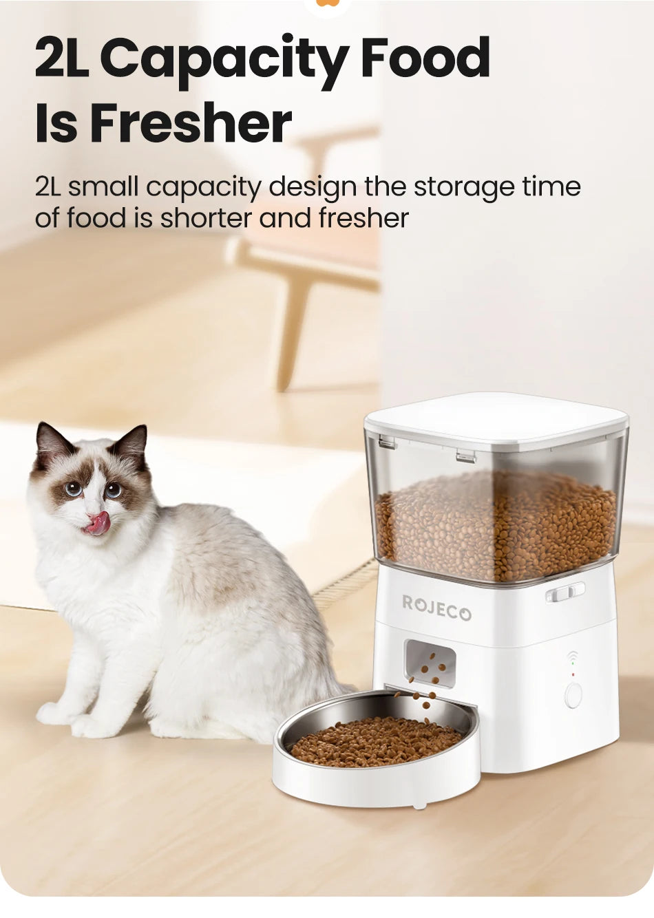 ROJECO Distributeur de Croquettes Automatique 2L pour Chat, Distributeur Intelligent WIFI pour Animaux de Compagnie, pour Croquettes Sèches, avec Télécommande et Accessoires
