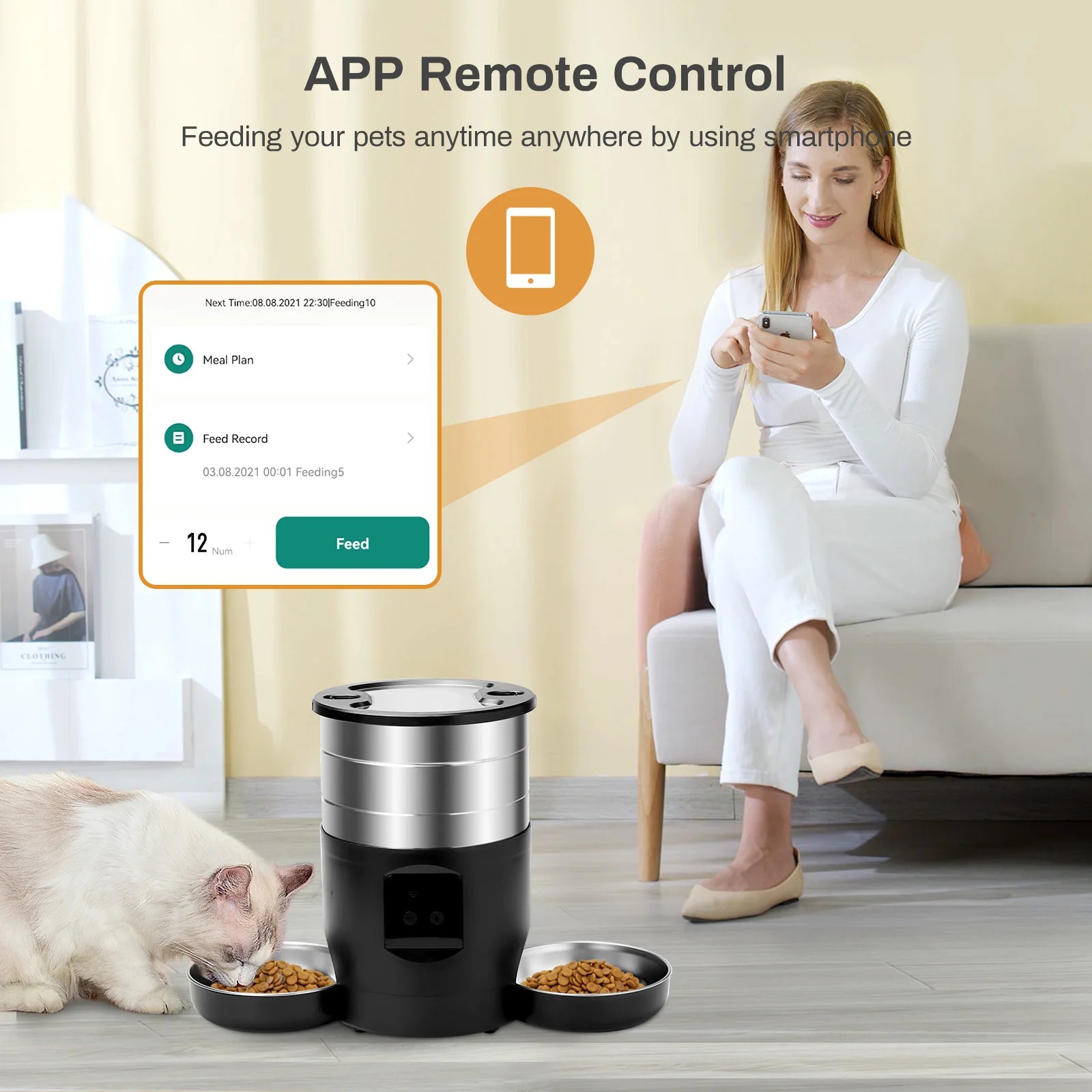 Fontaine à eau automatique pour animaux de compagnie 4,5L TuYa APP, version à bouton, distributeur intelligent automatique de nourriture sèche pour chats et chiens
