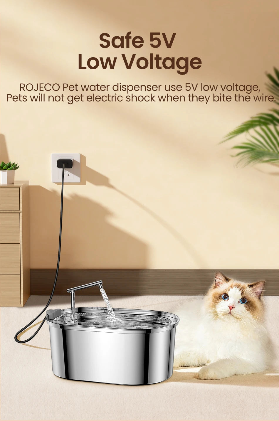 ROJECO Fontaine à Eau pour Chat en Acier Inoxydable Distributeur Automatique d'Eau pour Chats Chiens Accessoires pour Distributeur d'Eau pour Animaux de Compagnie