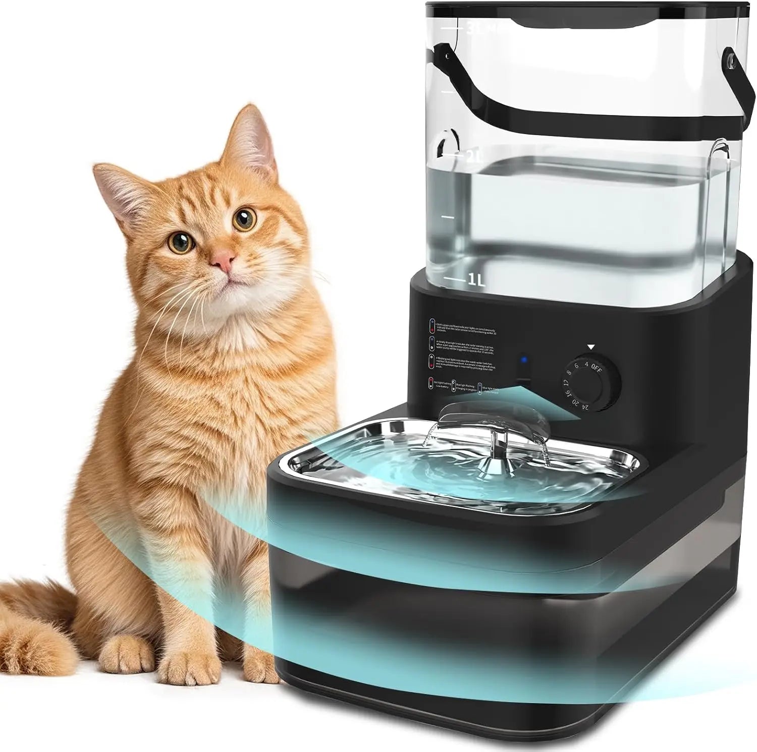 Fontaine à eau pour chat sans filtre 3L Capteur de mouvement sans fil avec batterie 4000 mAh Bols en acier inoxydable Silencieuse Noir