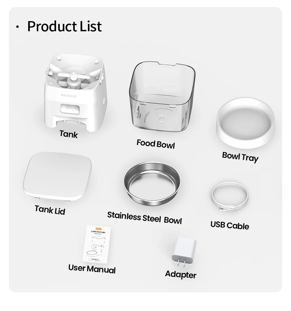 ROJECO Distributeur de nourriture automatique intelligent pour animaux de compagnie Distributeur de croquettes pour chiens avec télécommande WIFI Fournitures pour l'alimentation des chiens