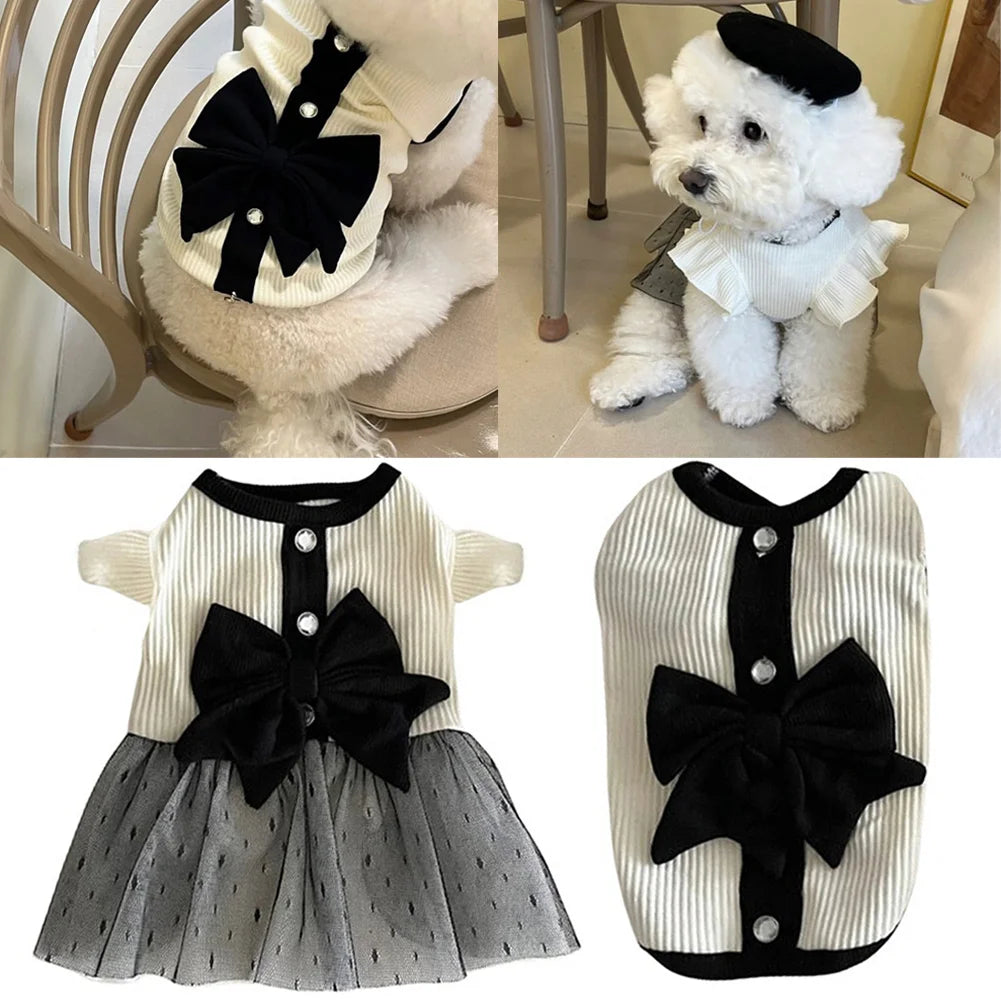 Robe pour chien pour petits chiens, vêtements de luxe d'été pour chiot, jupe en dentelle avec nœud, T-shirt pour chien noir et blanc, costume pour filles, gilet Chihuahua