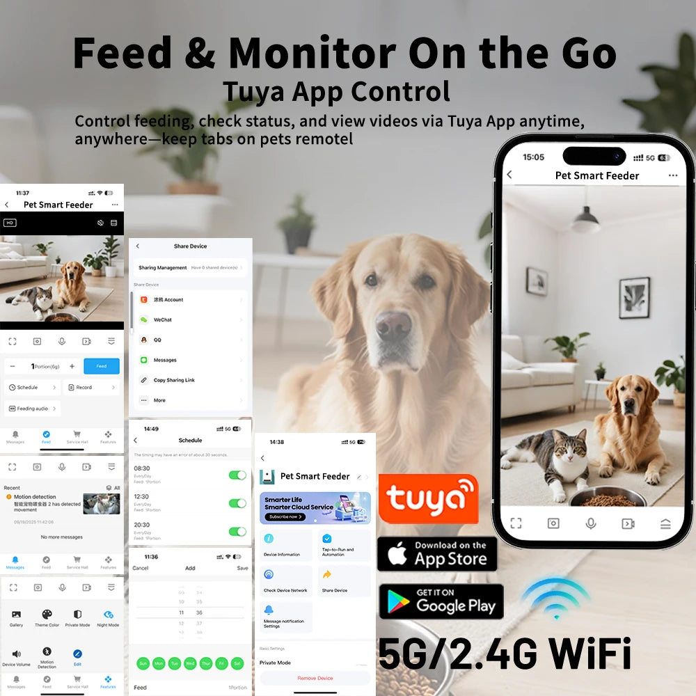 Distributeur intelligent de nourriture pour animaux de compagnie avec caméra surélevée de 15 cm, contrôle via l'application Tuya, pour propriétaires d'animaux occupés, distributeur automatique de nourriture pour chats et chiens FURPIPI