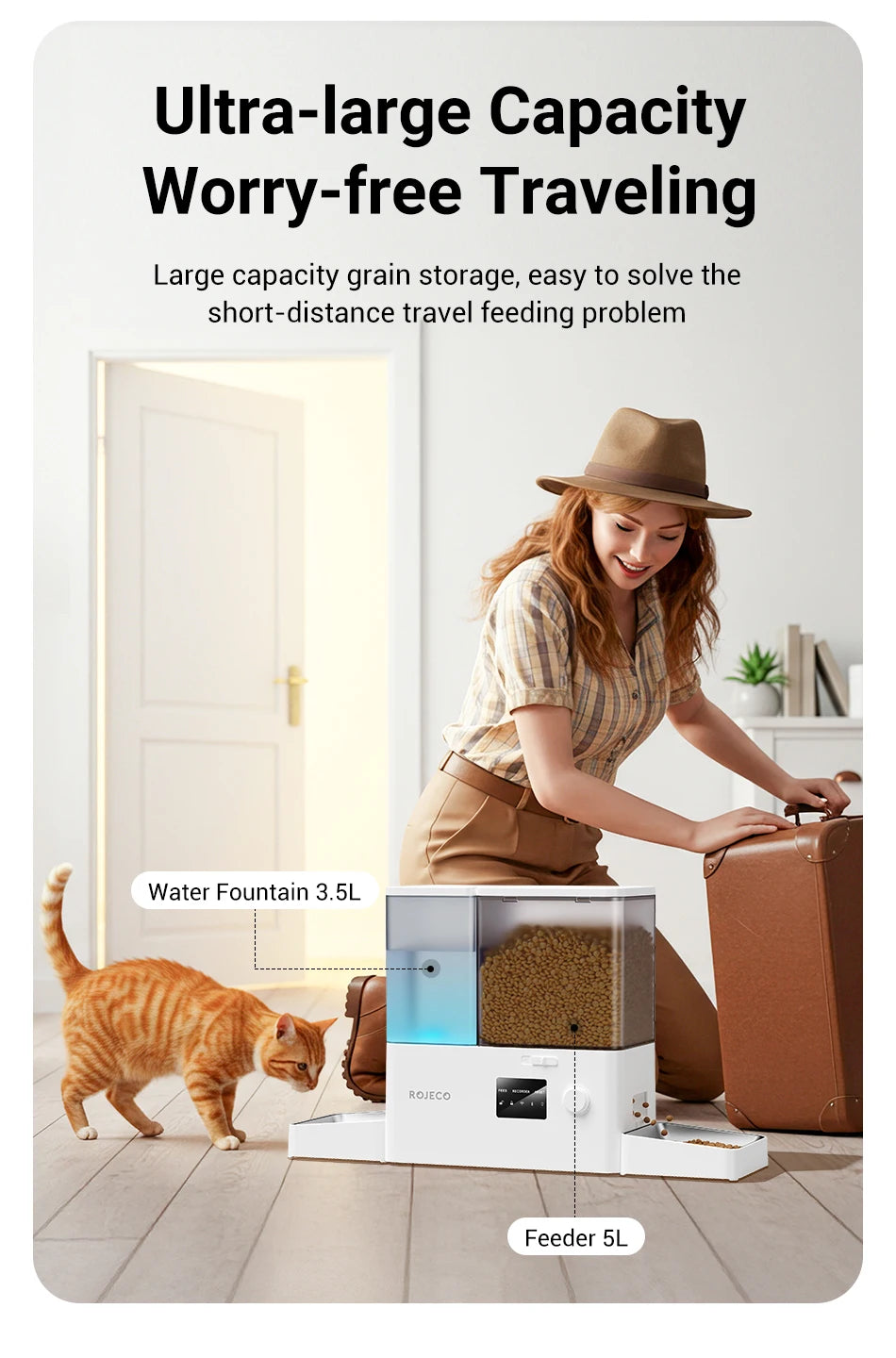 ROJECO 8.5L Distributeur Automatique pour Animaux de Compagnie avec Fontaine à Eau Contrôle à Distance par Application WIFI Intelligent pour Chiens Distributeur de Nourriture 5L Abreuvoir à Gravité 3.5L