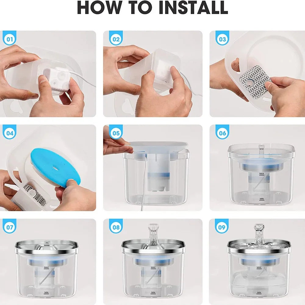 Distributeur d'eau intelligent pour animaux de compagnie en acier inoxydable 2L, circulation automatique de l'eau, bol d'eau pour chats et chiens, niveau visuel 5000 mAh