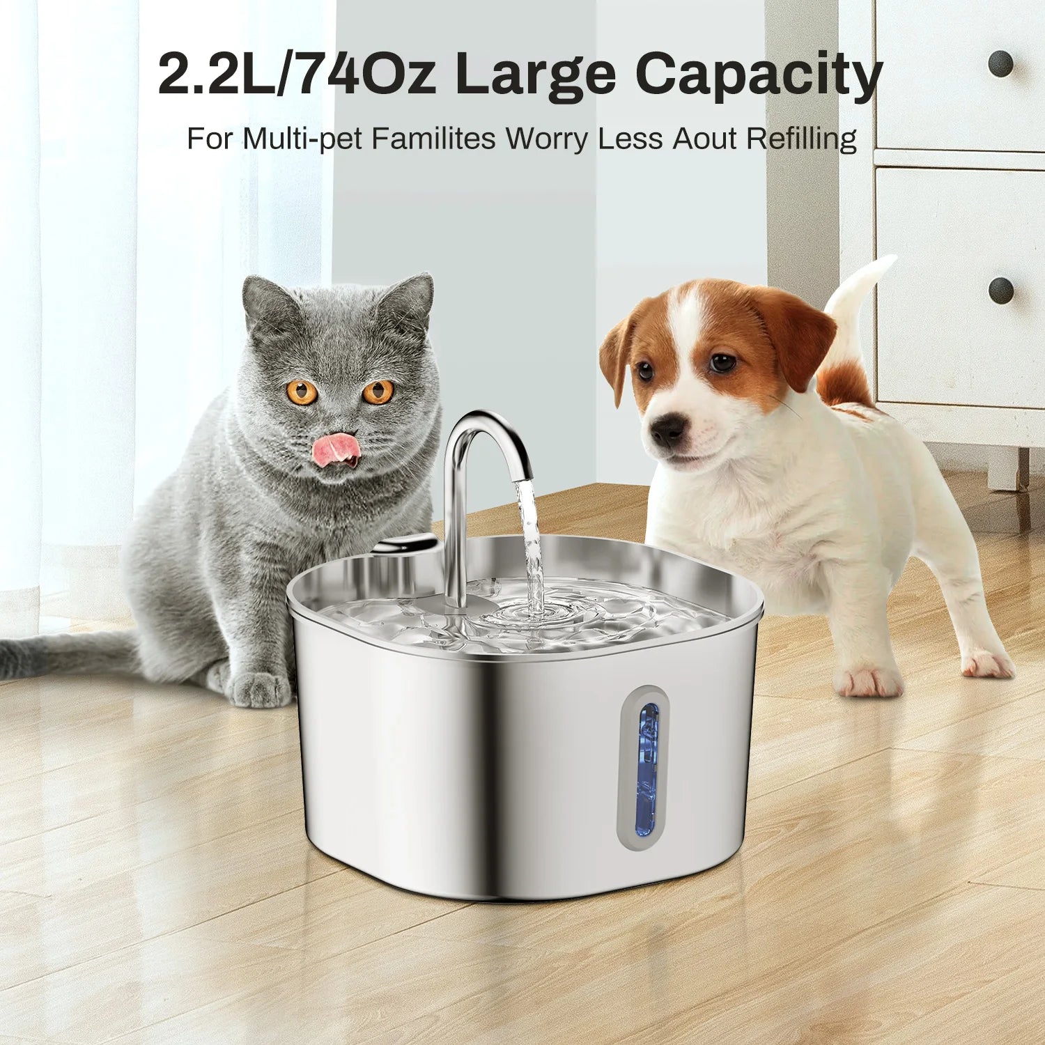 ZYFeeder 2,2 L Fontaine à eau automatique carrée en acier inoxydable pour chat, distributeur d'eau pour animaux de compagnie avec fenêtre (fiche 5 V 1 A non incluse)