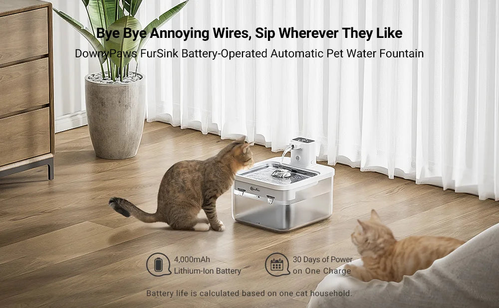 DownyPaws 2,5L Fontaine à Eau Automatique en Acier Inoxydable pour Chat 4000mAh Abreuvoir Sans Fil pour Animaux de Compagnie Batterie et Capteur Distributeur 2 en 1