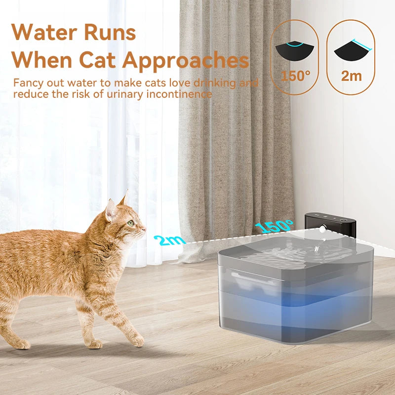 ROJECO Fontaine à eau automatique pour animaux de compagnie 2600 mAh Distributeur d'eau sans fil pour chat 2,2 L Capteur infrarouge Fontaine de boisson intelligente pour chien avec filtre
