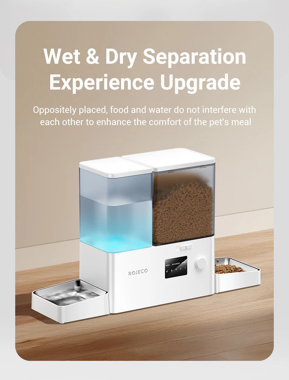 ROJECO 8.5L Distributeur Automatique pour Animaux de Compagnie avec Fontaine à Eau Contrôle à Distance par Application WIFI Intelligent pour Chiens Distributeur de Nourriture 5L Abreuvoir à Gravité 3.5L