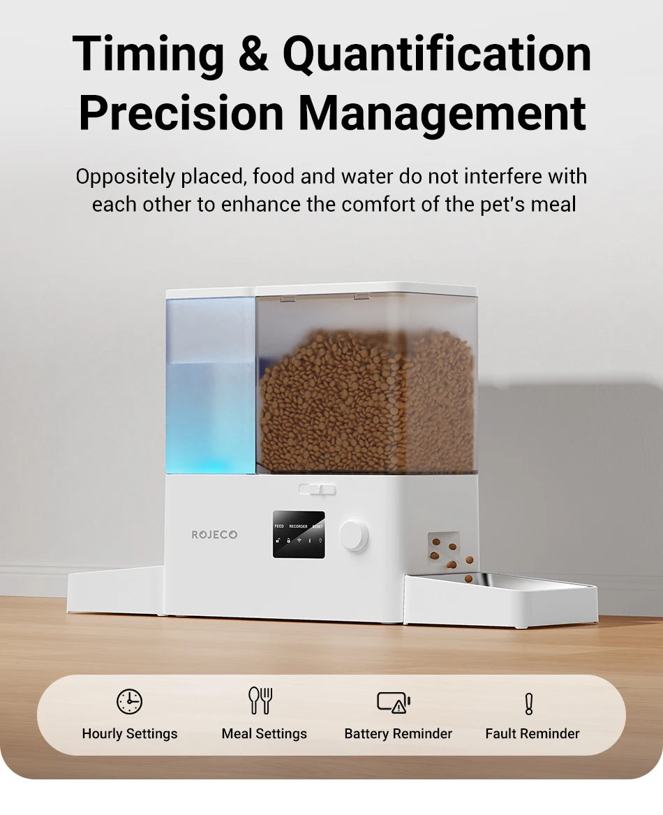 ROJECO 8.5L Distributeur Automatique pour Animaux de Compagnie avec Fontaine à Eau Contrôle à Distance par Application WIFI Intelligent pour Chiens Distributeur de Nourriture 5L Abreuvoir à Gravité 3.5L
