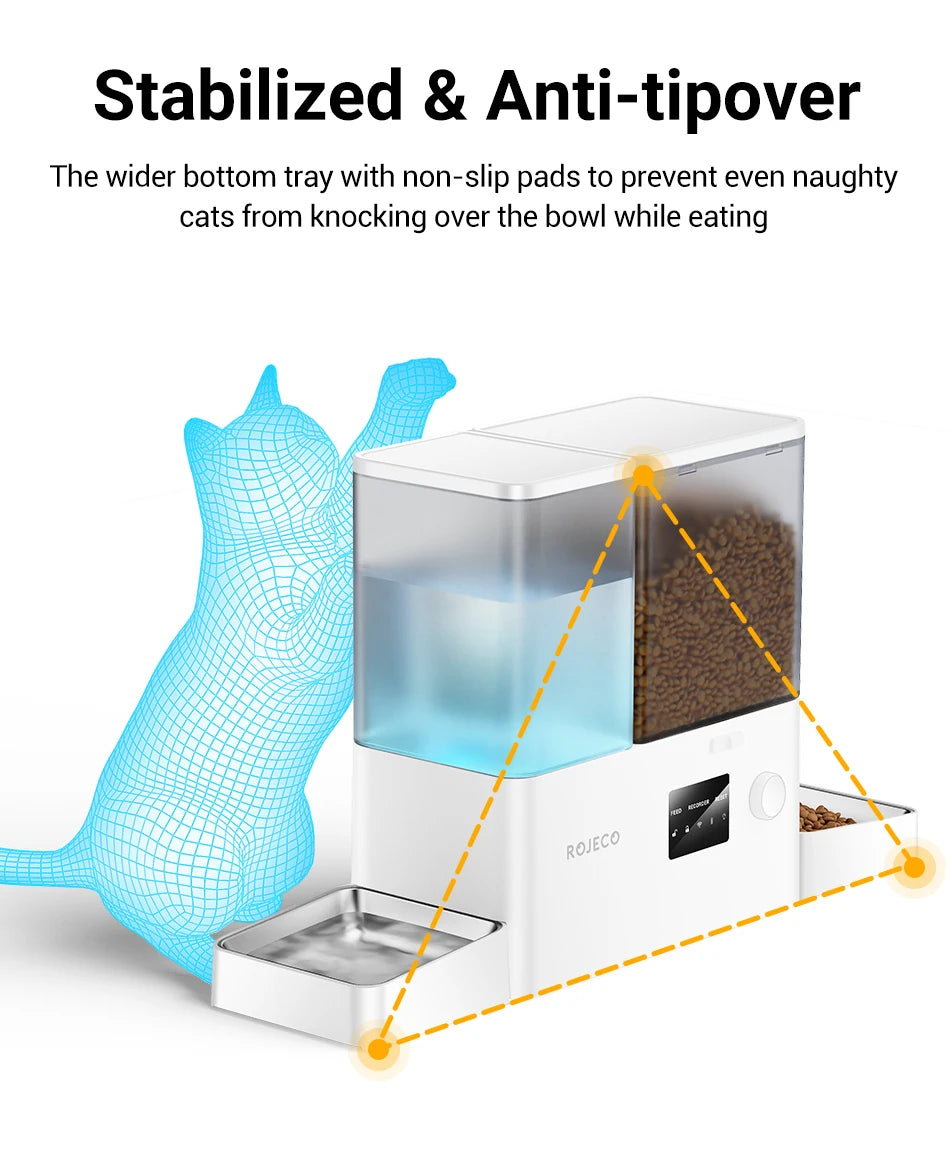 ROJECO 8.5L Distributeur Automatique pour Animaux de Compagnie avec Fontaine à Eau Contrôle à Distance par Application WIFI Intelligent pour Chiens Distributeur de Nourriture 5L Abreuvoir à Gravité 3.5L