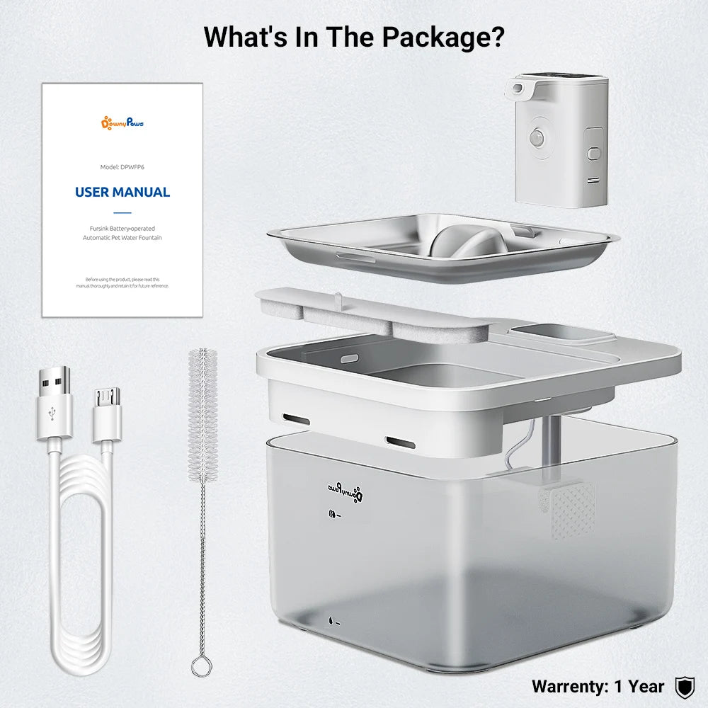 DownyPaws 2,5L Fontaine à Eau Automatique en Acier Inoxydable pour Chat 4000mAh Abreuvoir Sans Fil pour Animaux de Compagnie Batterie et Capteur Distributeur 2 en 1