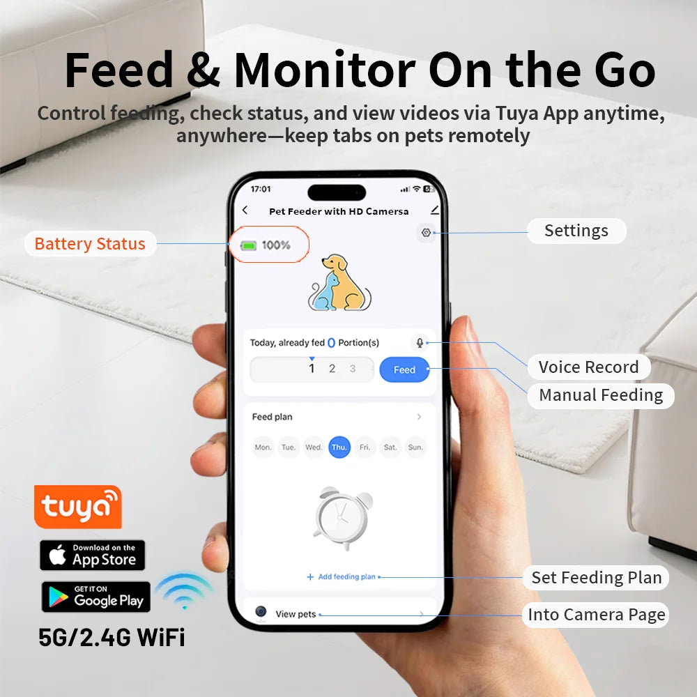 Distributeur intelligent de nourriture pour animaux de compagnie avec caméra surélevée de 15 cm, contrôle via l'application Tuya, pour propriétaires d'animaux occupés, distributeur automatique de nourriture pour chats et chiens FURPIPI