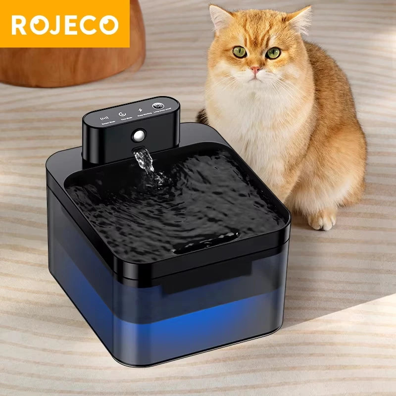 ROJECO Fontaine à eau automatique pour animaux de compagnie 2600 mAh Distributeur d'eau sans fil pour chat 2,2 L Capteur infrarouge Fontaine de boisson intelligente pour chien avec filtre