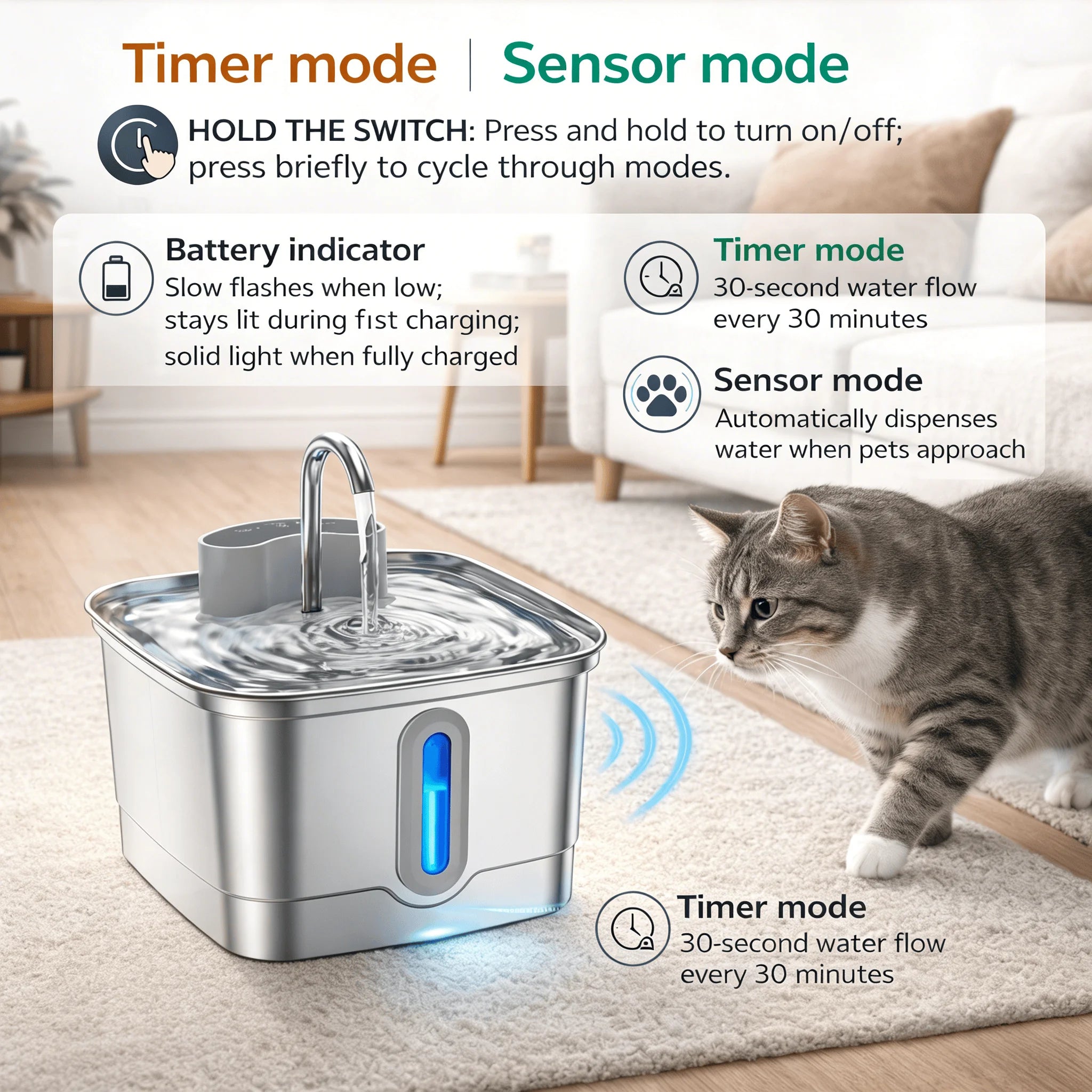 Fontaine à eau intelligente sans fil pour chat Batterie rechargeable 4000 mAh Capteur en acier inoxydable Distributeur d'eau automatique pour animaux de compagnie avec filtre