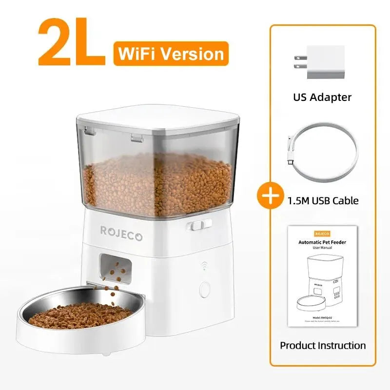 ROJECO Distributeur de Croquettes Automatique 2L pour Chat, Distributeur Intelligent WIFI pour Animaux de Compagnie, pour Croquettes Sèches, avec Télécommande et Accessoires