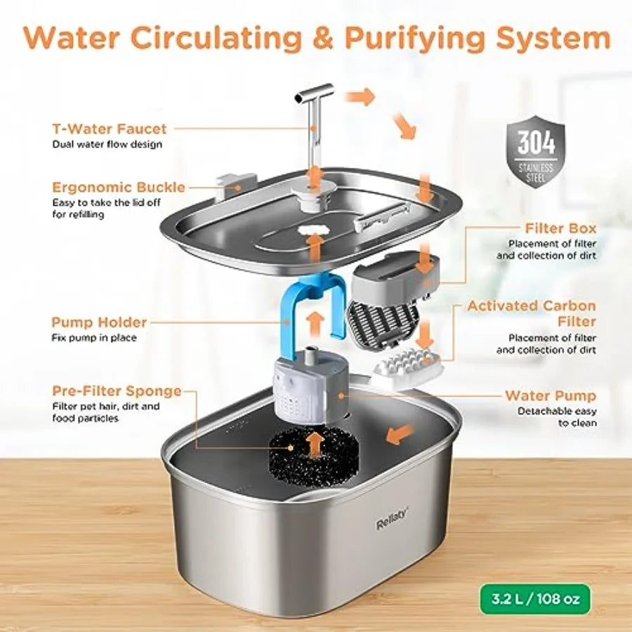 Fontaine à eau en acier inoxydable pour chat : fontaine à boire de 3,2 L pour chats d'intérieur, distributeur d'eau automatique pour chiens - Alimentation et abreuvage pour chats