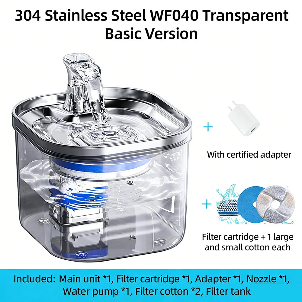 Distributeur d'eau intelligent pour animaux de compagnie en acier inoxydable 2L, circulation automatique de l'eau, bol d'eau pour chats et chiens, niveau visuel 5000 mAh