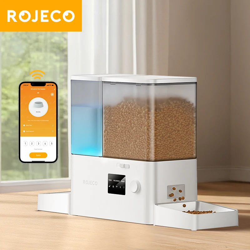 ROJECO 8.5L Distributeur Automatique pour Animaux de Compagnie avec Fontaine à Eau Contrôle à Distance par Application WIFI Intelligent pour Chiens Distributeur de Nourriture 5L Abreuvoir à Gravité 3.5L