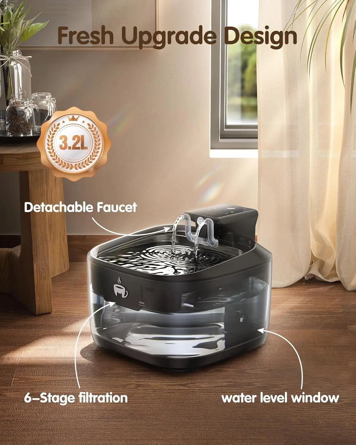 Fontaine à eau sans fil pour chat 3,2 L/108 oz, Fontaine à boire pour animaux de compagnie avec batterie rechargeable 5000 mAh, 3 modes, capteur de mouvement