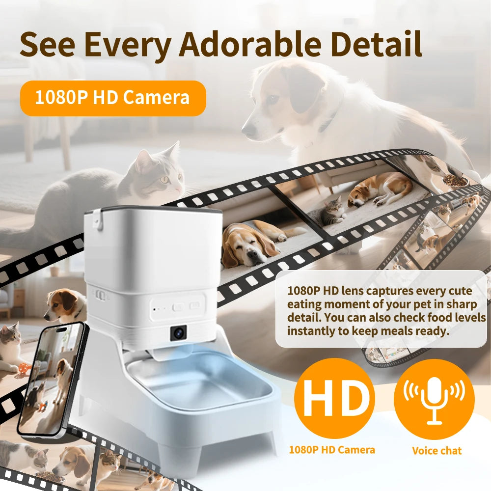 Distributeur intelligent de nourriture pour animaux de compagnie avec caméra surélevée de 15 cm, contrôle via l'application Tuya, pour propriétaires d'animaux occupés, distributeur automatique de nourriture pour chats et chiens FURPIPI