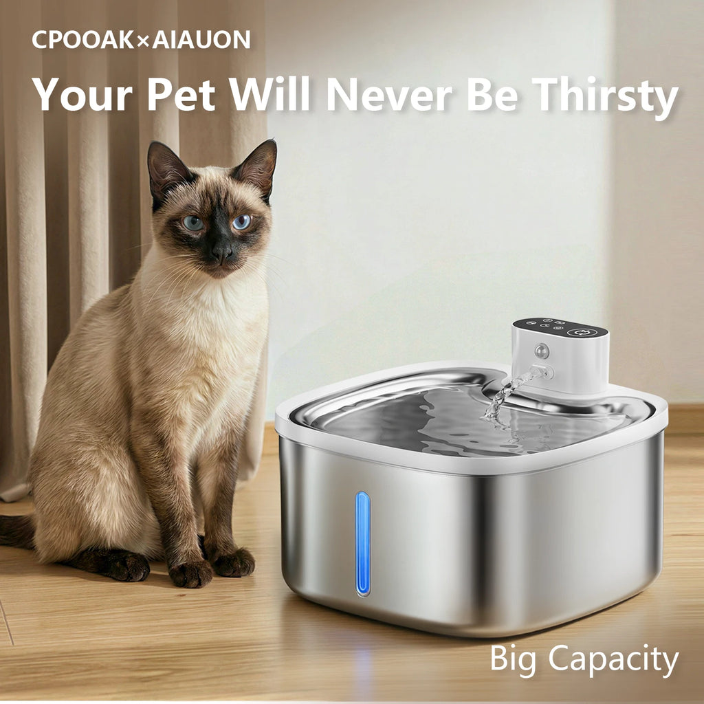 Fontaine à eau pour chat 3,5L Purificateur d'eau inductif sans fil pour animaux de compagnie, pompe silencieuse et plateau en acier inoxydable, batterie rechargeable de 4000mAh