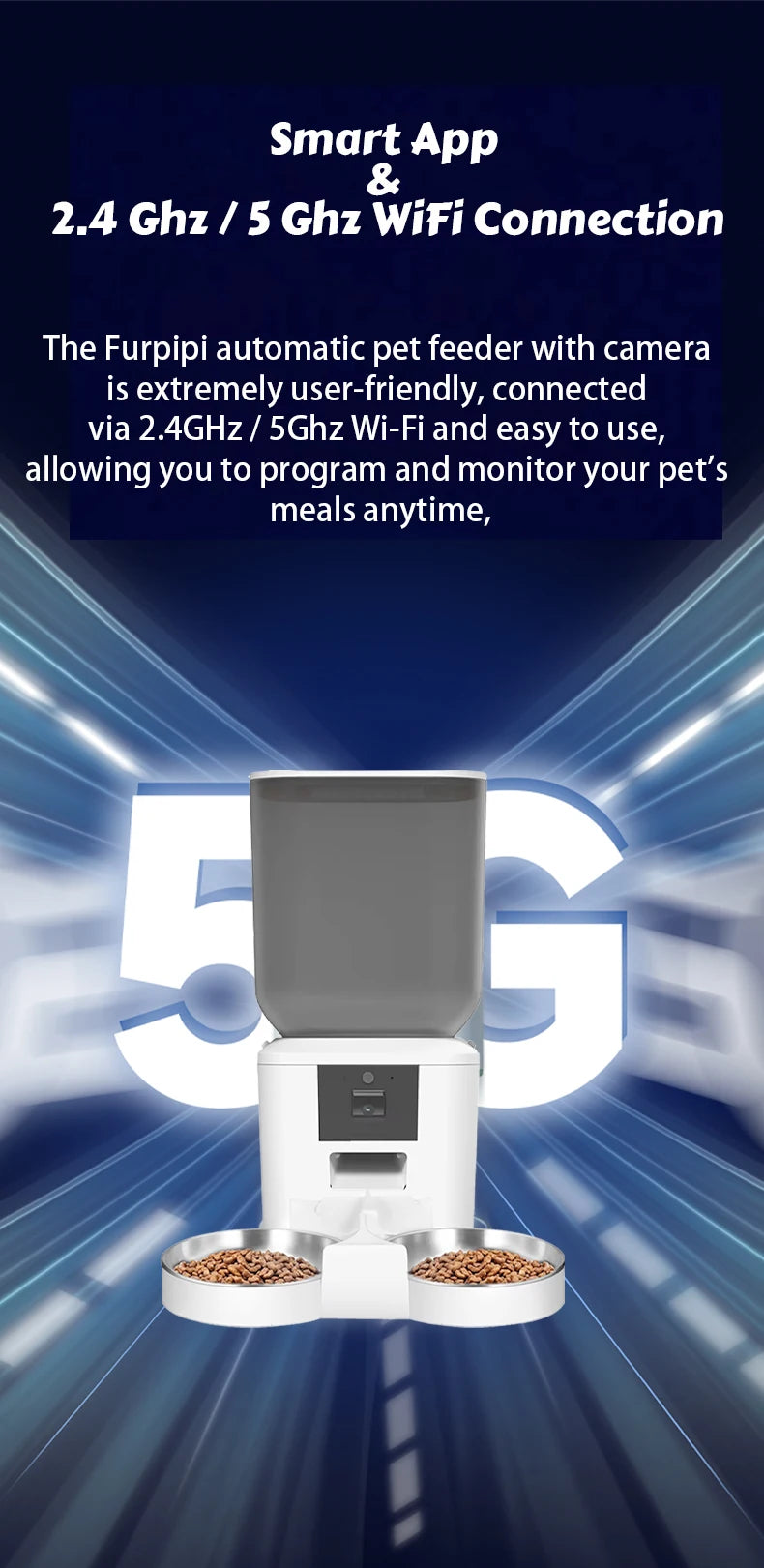Distributeur automatique de nourriture pour chats 8L avec caméra vidéo 1080p, Wi-Fi 5G, distributeur d'aliments pour chats, enregistreur vocal intelligent pour animaux de compagnie, application Tuya, distributeur automatique pour animaux de compagnie