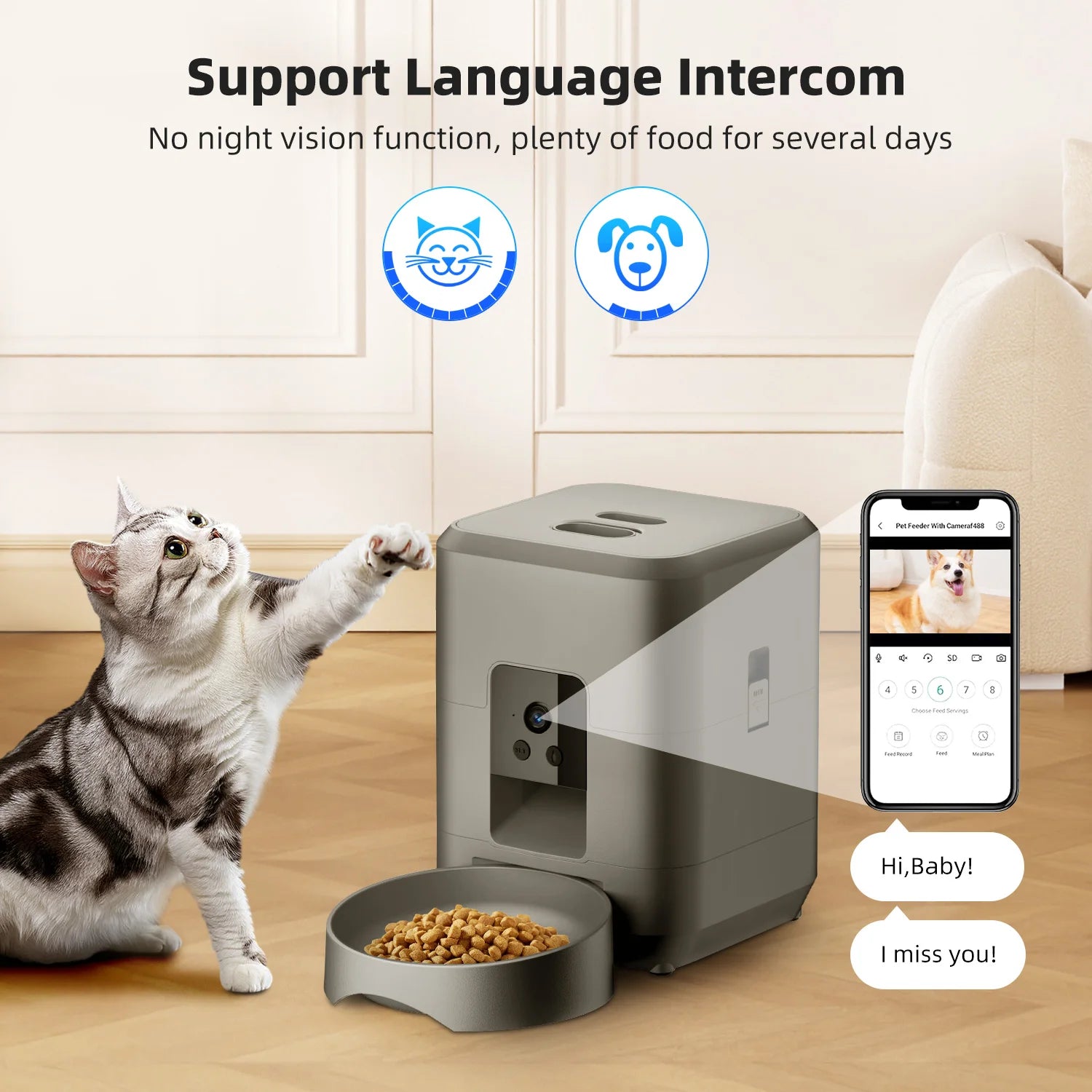 Distributeur automatique de nourriture 2L pour chat et chien - Contrôlé par Wi-Fi et caméra - Distributeur de nourriture pour animaux de compagnie - Application à distance (pas de prise 5V 2A)